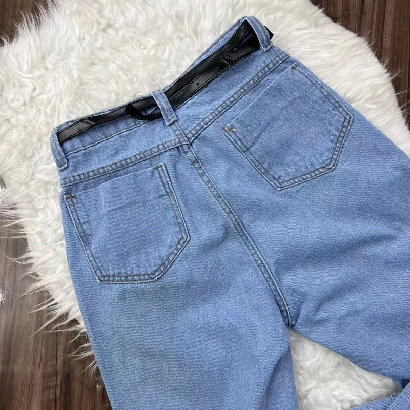 Calça Jeans Mom Feminina Jeans Sem Elastano com Cinto Casual Bellizzi 