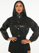 Jaqueta Feminina Preta de Couro com Zíper e Botões Estilo Urbano Bellizzi 