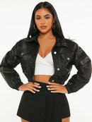 Jaqueta Feminina Preta de Couro com Zíper e Botões Estilo Urbano Bellizzi 