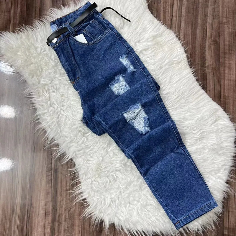Calça Jeans Mom Feminina Jeans Sem Elastano com Cinto Casual Bellizzi 