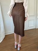 Dazy Star Saia de Couro PU com Cintura Alta e Abertura Lateral, Saia Lápis de Outono e Inverno Bellizzi 