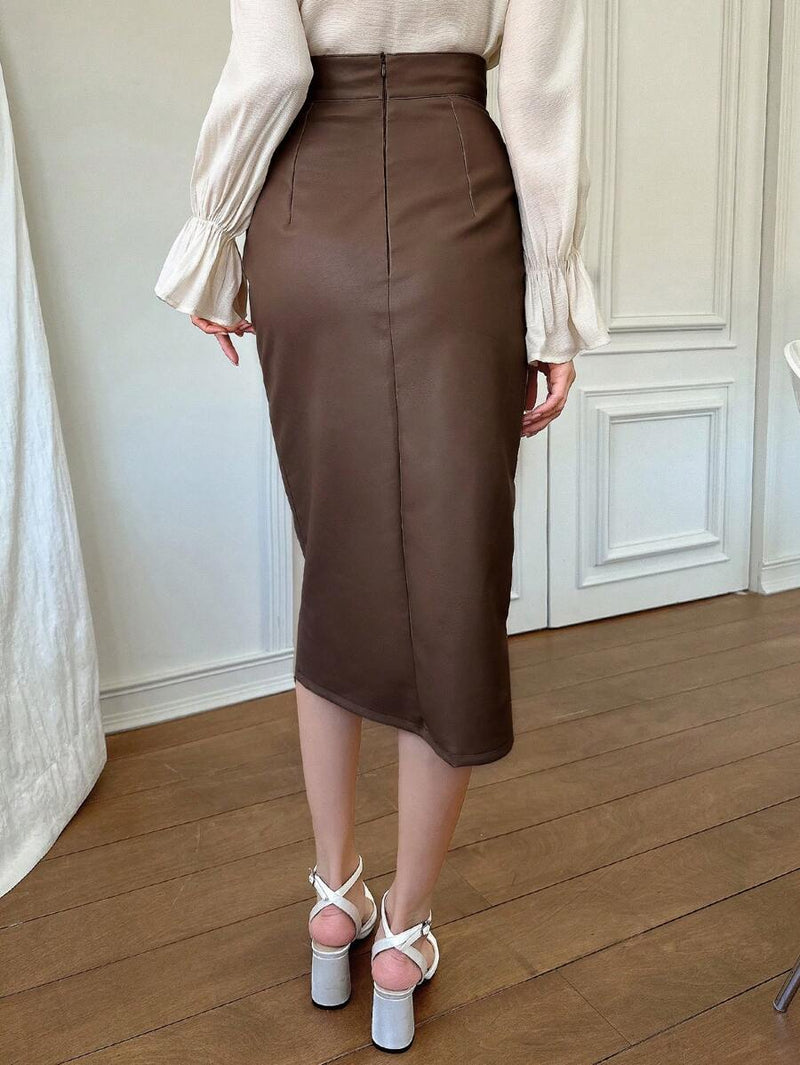 Dazy Star Saia de Couro PU com Cintura Alta e Abertura Lateral, Saia Lápis de Outono e Inverno Bellizzi 