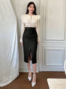 Dazy Star Saia de Couro PU com Cintura Alta e Abertura Lateral, Saia Lápis de Outono e Inverno Bellizzi 