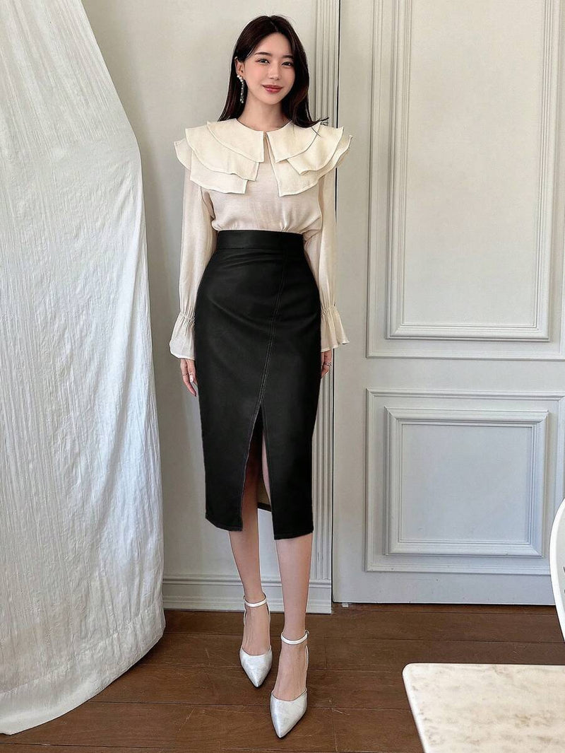 Dazy Star Saia de Couro PU com Cintura Alta e Abertura Lateral, Saia Lápis de Outono e Inverno Bellizzi 