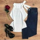 Blusa Regata Feminina Branca em Crepe Gola Alta com Laço Bellizzi 