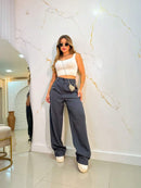 Calça Pantalona Feminina Poliéster Alfaiataria Cintura Alta Bellizzi 