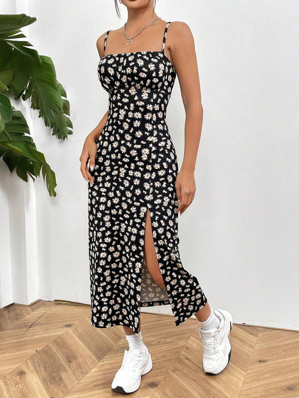 Vestido com Alça Fina de Malha Estampada com Bainha Dividida para Mulheres, Férias Bellizzi 