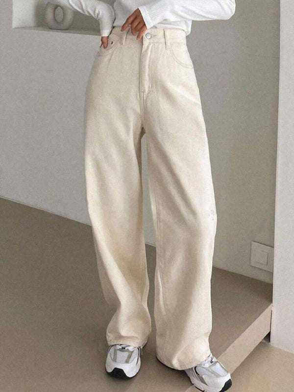 Calça Jeans Feminina Wide Leg Cintura Alta Lavada Bege