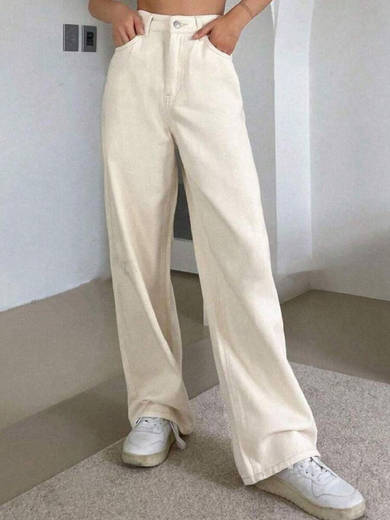 Calça Jeans Feminina Wide Leg Cintura Alta Lavada Bege