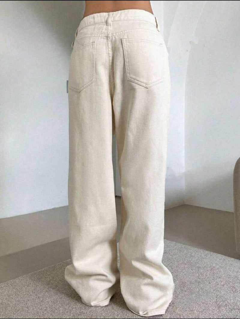Calça Jeans Feminina Wide Leg Cintura Alta Lavada Bege