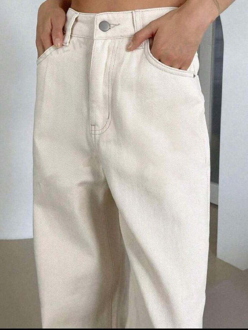 Calça Jeans Feminina Wide Leg Cintura Alta Lavada Bege