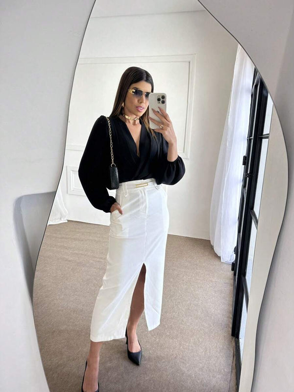 Saia Midi Com Cinto Fenda Cintura Alta Bellizzi 