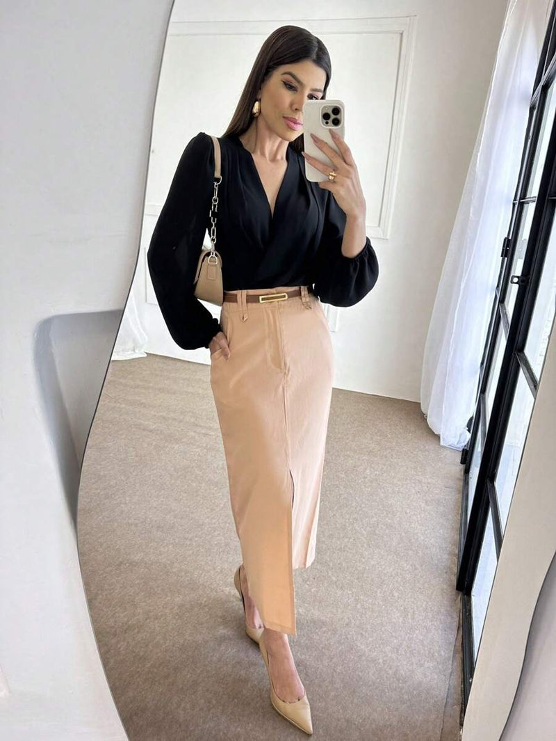 Saia Midi Com Cinto Fenda Cintura Alta Bellizzi 