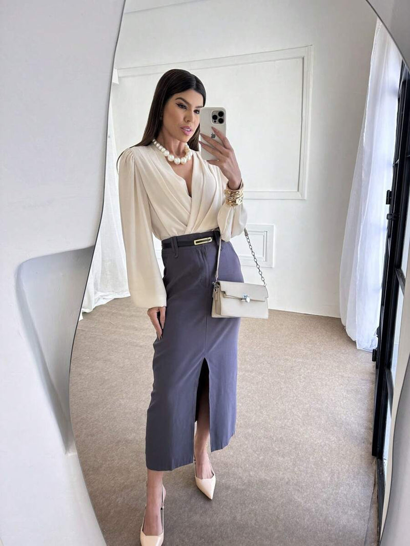 Saia Midi Com Cinto Fenda Cintura Alta Bellizzi 