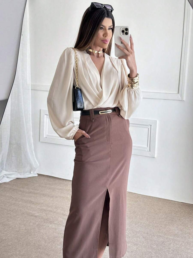 Saia Midi Com Cinto Fenda Cintura Alta Bellizzi 