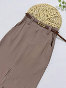 Saia Midi Feminina com Cinto e Fenda de Poliéster Casual