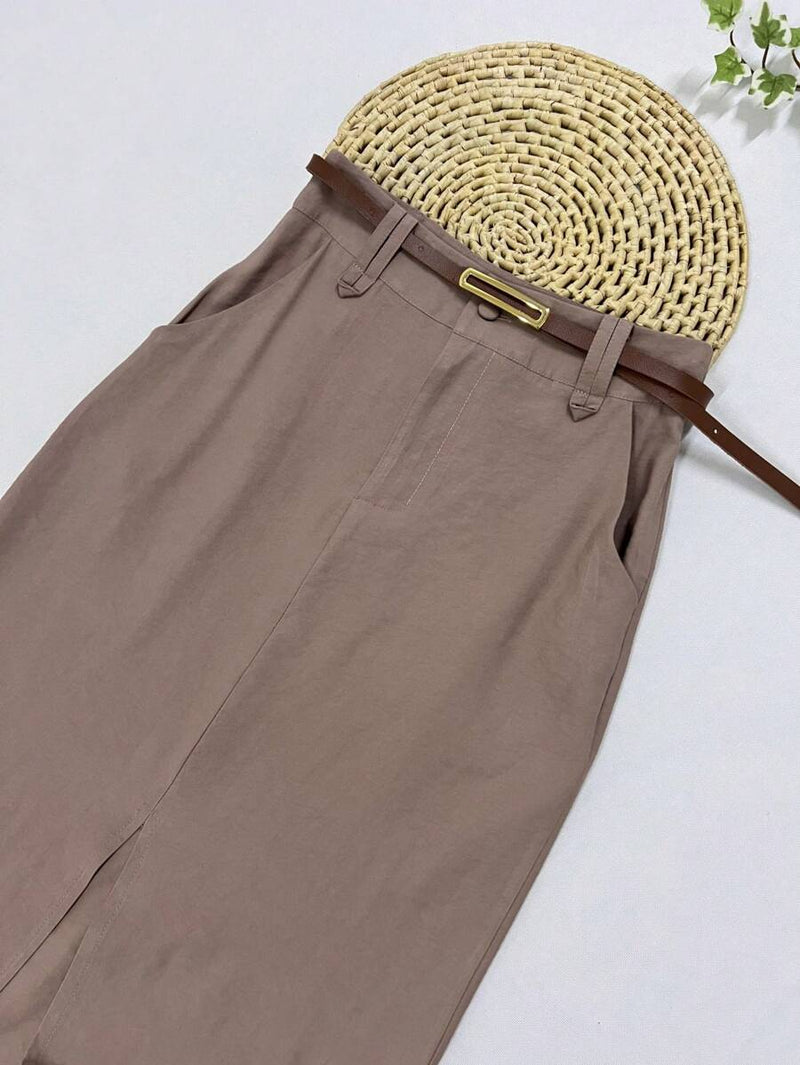 Saia Midi Feminina com Cinto e Fenda de Poliéster Casual