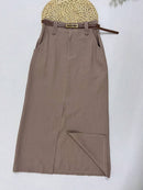 Saia Midi Feminina com Cinto e Fenda de Poliéster Casual