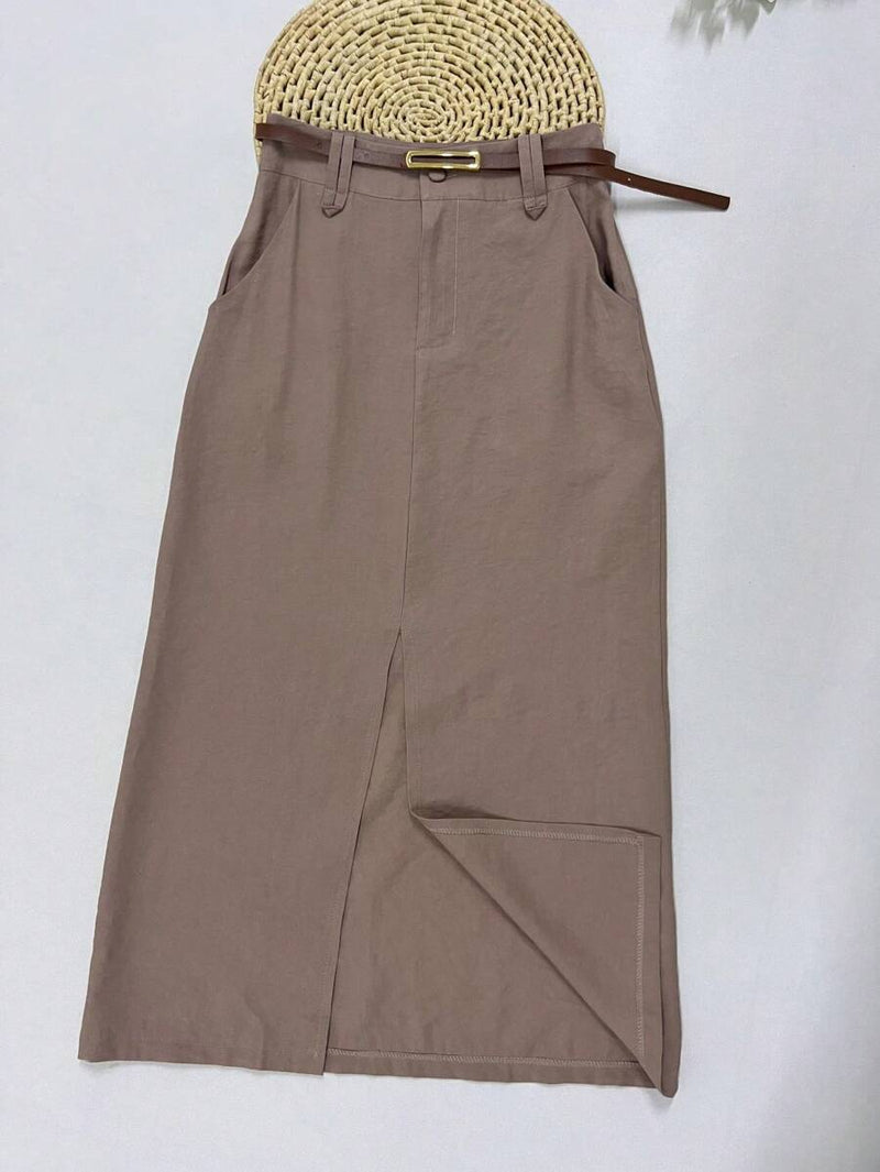 Saia Midi Feminina com Cinto e Fenda de Poliéster Casual