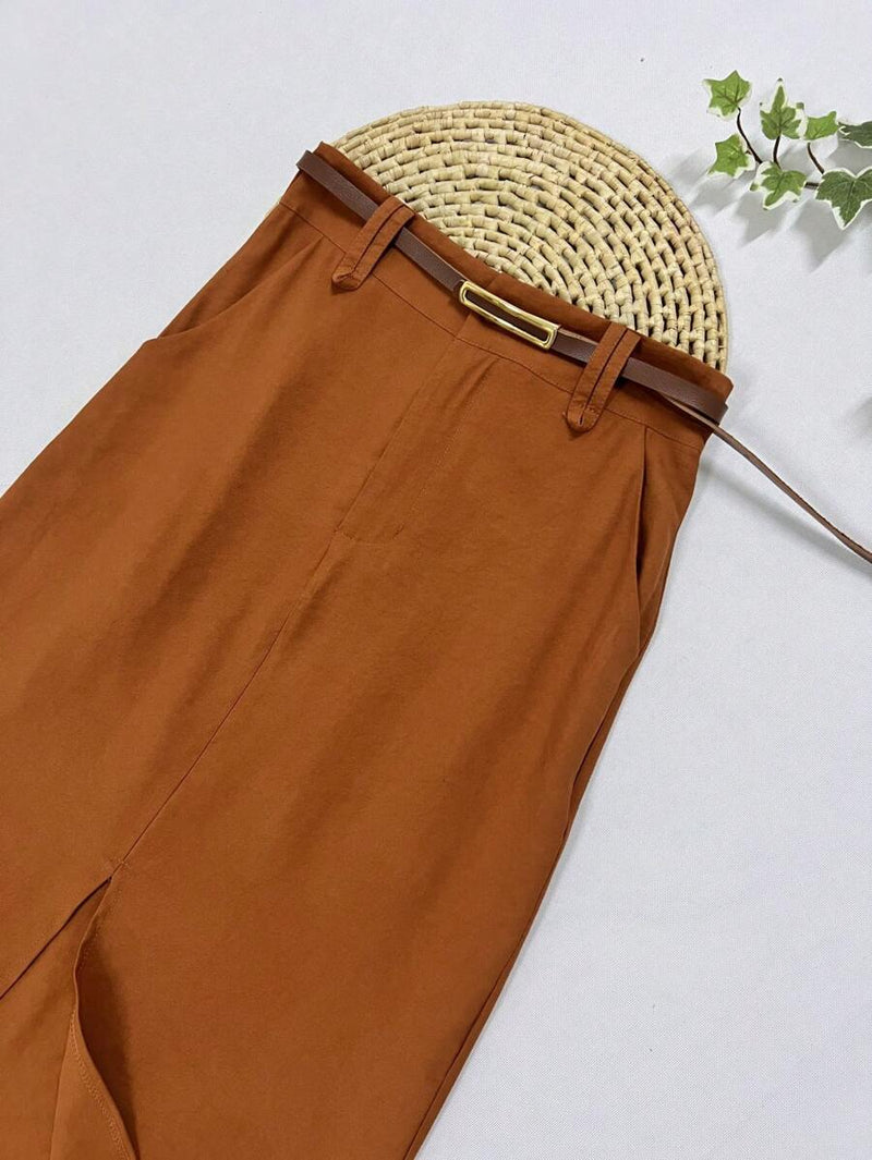 Saia Midi Feminina com Cinto e Fenda de Poliéster Casual