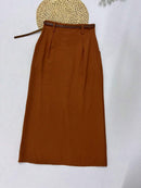 Saia Midi Feminina com Cinto e Fenda de Poliéster Casual