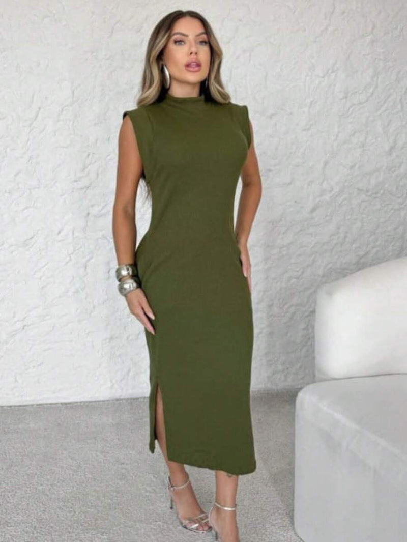 Vestido Longo Feminino Malha Ribana Elegante Bellizzi 