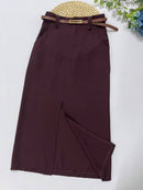 Saia Midi Feminina com Cinto e Fenda de Poliéster Casual