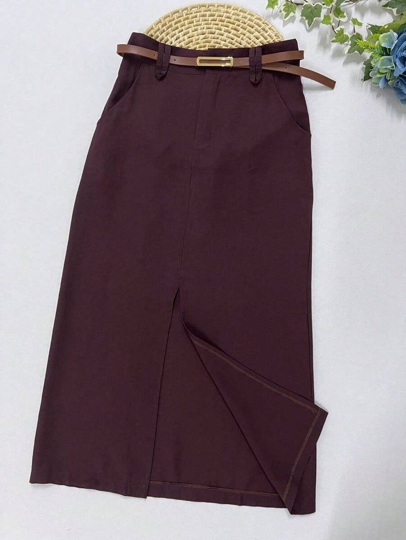 Saia Midi Feminina com Cinto e Fenda de Poliéster Casual