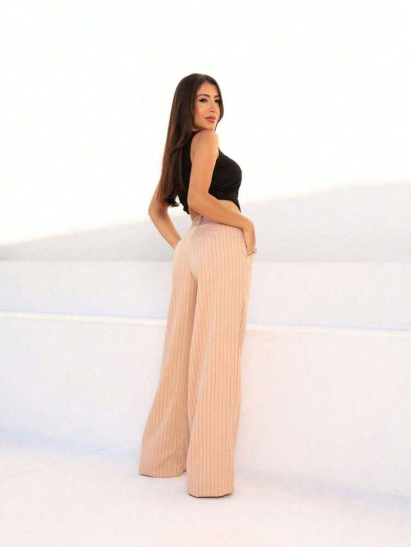 Calça Pantalona Feminina Listrada Poliéster Alfaiataria Bellizzi 