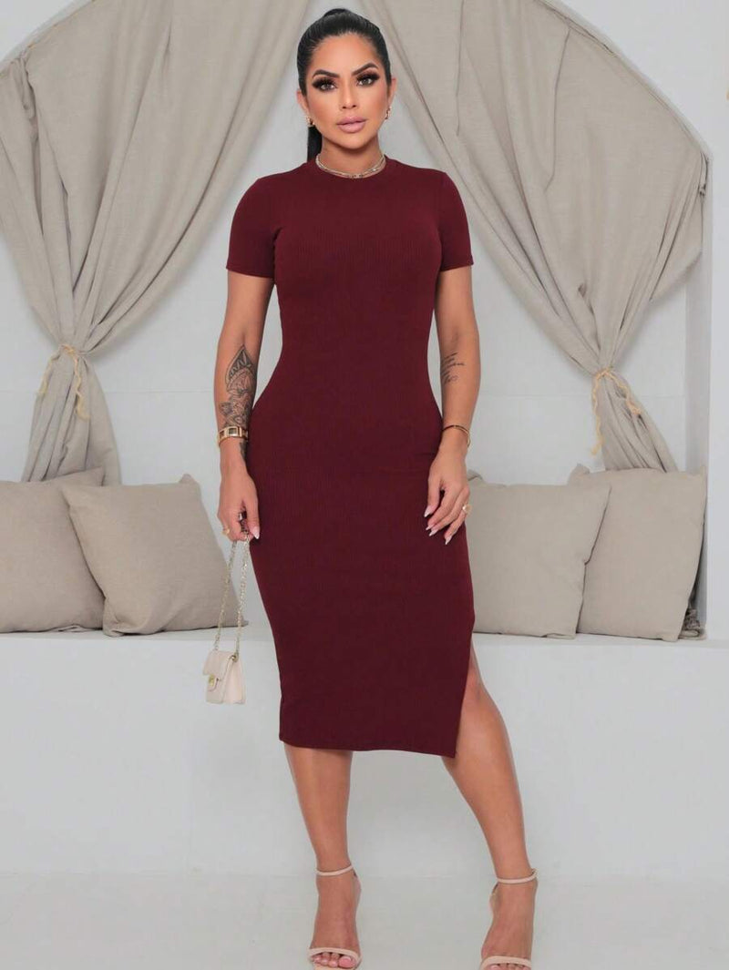 Vestido Mídi Feminino Malha Com Fenda Lateral Elegante