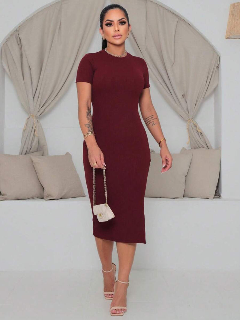 Vestido Mídi Feminino Malha Com Fenda Lateral Elegante