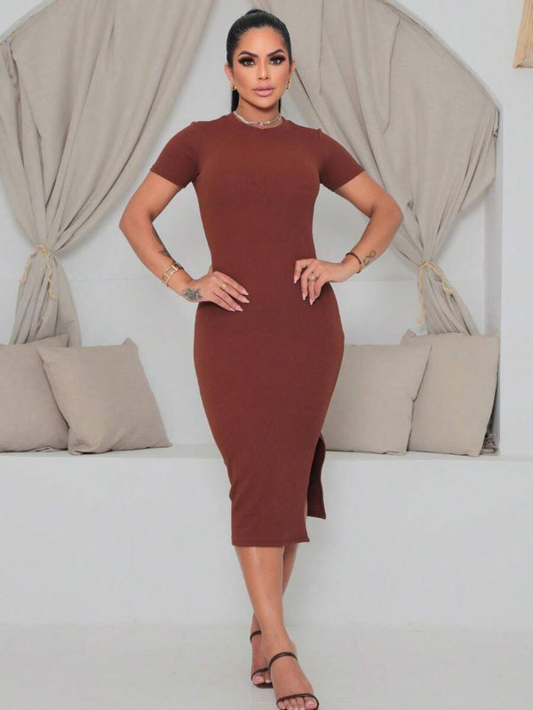 Vestido Mídi Feminino Malha Com Fenda Lateral Elegante