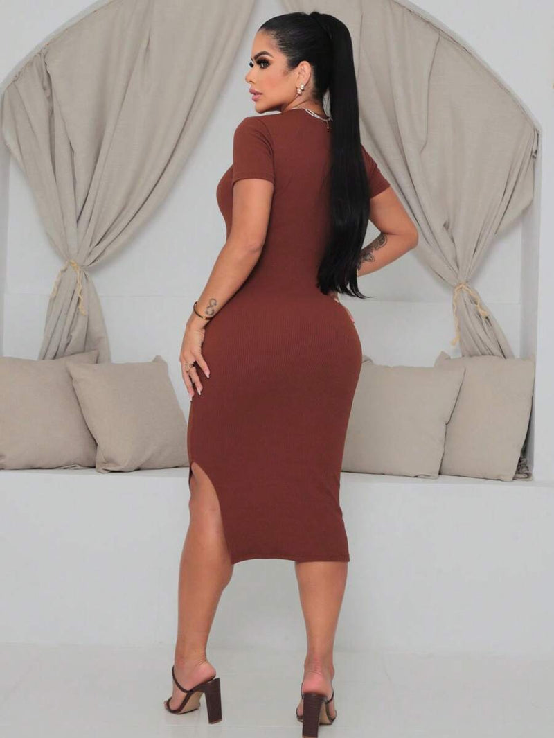 Vestido Mídi Feminino Malha Com Fenda Lateral Elegante