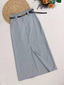 Saia Midi Feminina com Cinto e Fenda de Poliéster Casual