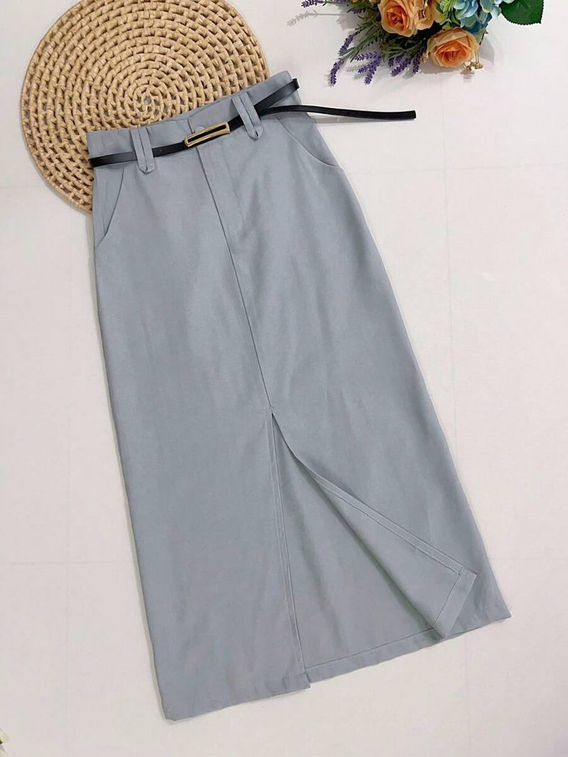 Saia Midi Feminina com Cinto e Fenda de Poliéster Casual