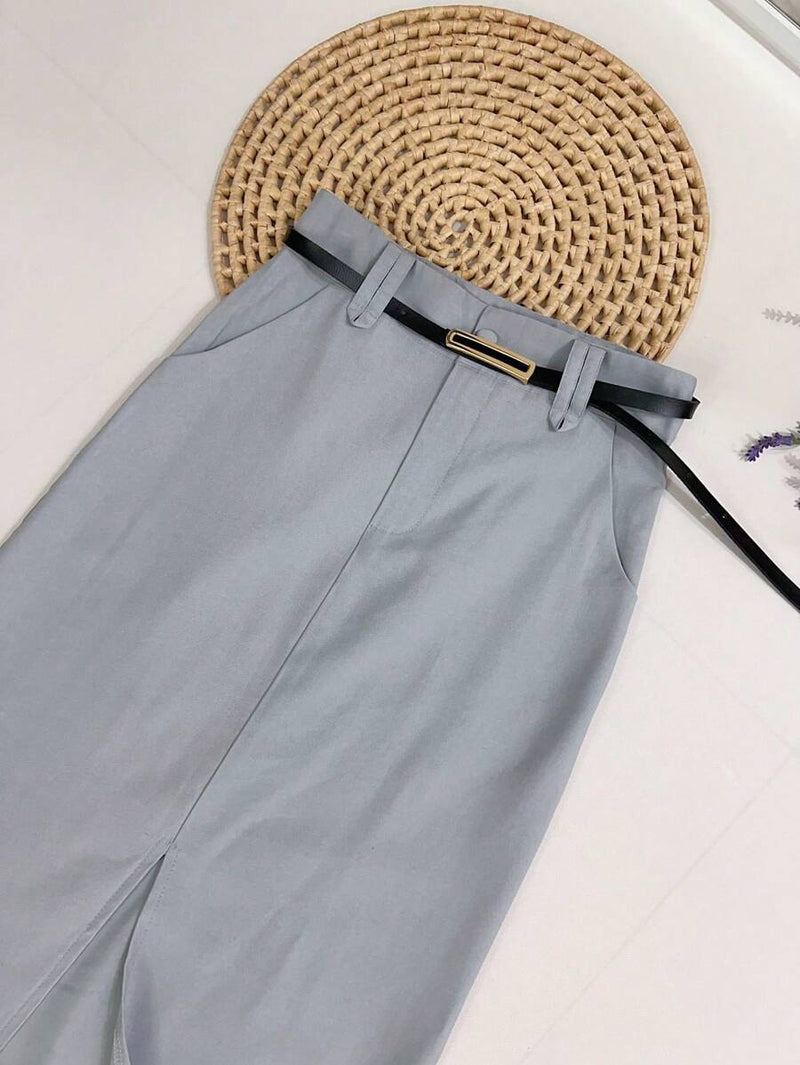 Saia Midi Feminina com Cinto e Fenda de Poliéster Casual