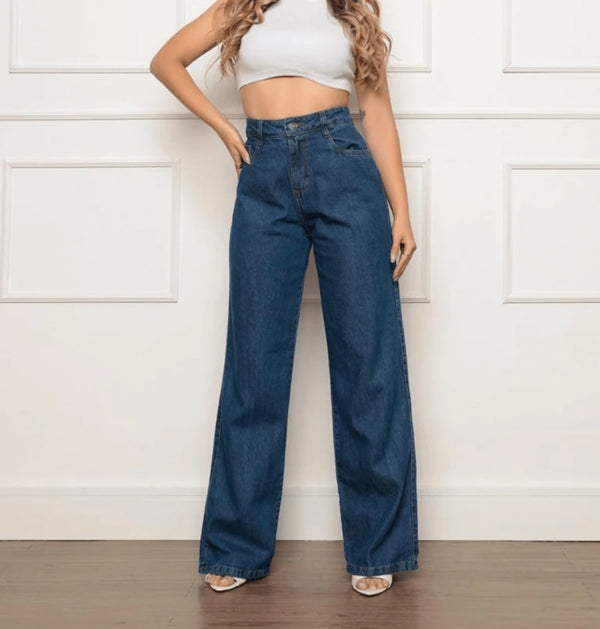 Calça Wide Leg Pantalona Feminina Jeans Cintura Alta Bellizzi 