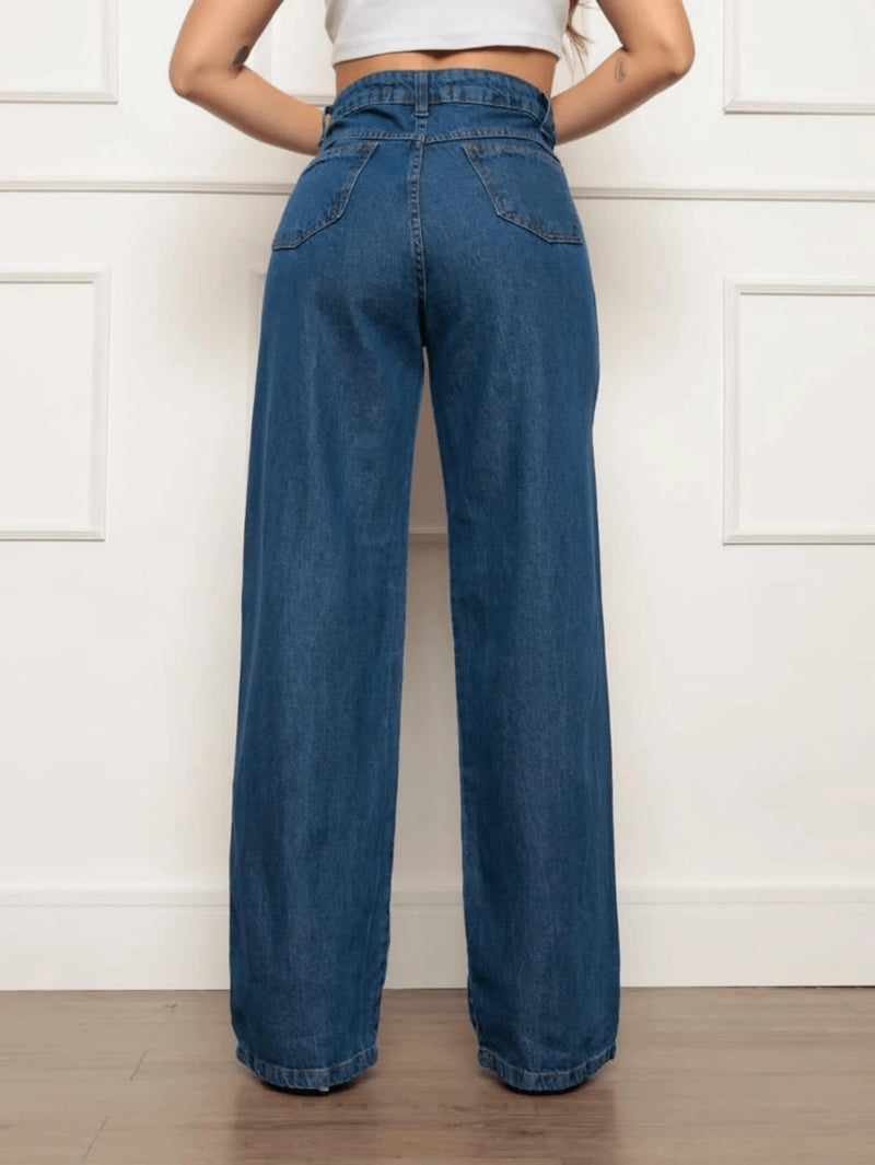 Calça Wide Leg Pantalona Feminina Jeans Cintura Alta Bellizzi 