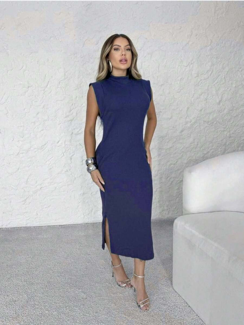 Vestido Longo Feminino Malha Ribana Elegante Bellizzi 