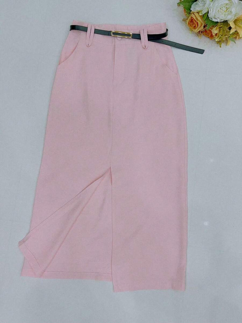 Saia Midi Feminina com Cinto e Fenda de Poliéster Casual