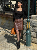 DAZY Saia de Couro PU de Cintura Alta Sólida Feminina, Fashionável para o Outono Bellizzi 