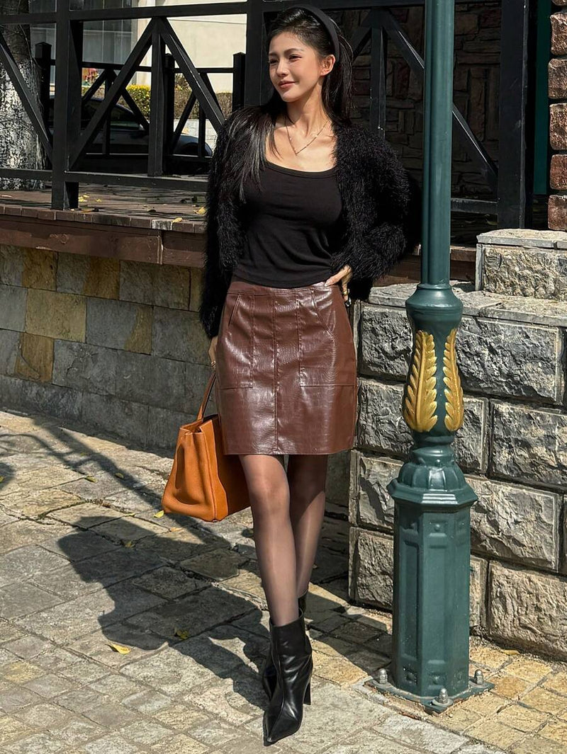 DAZY Saia de Couro PU de Cintura Alta Sólida Feminina, Fashionável para o Outono Bellizzi 