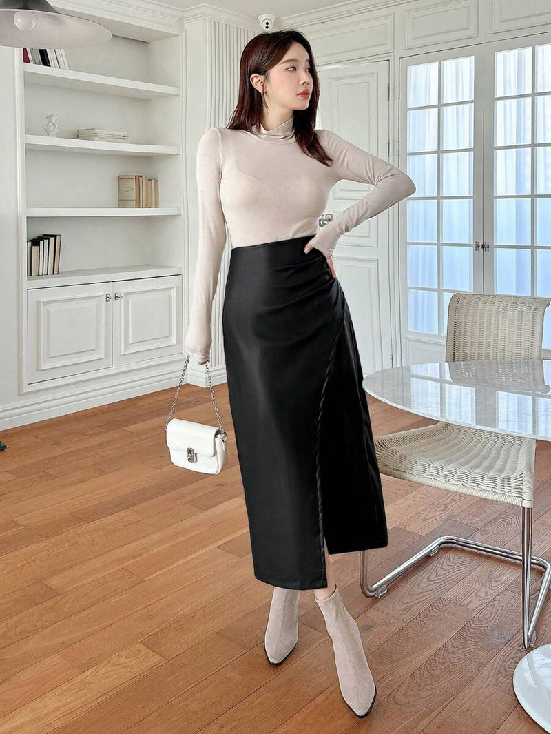 DAZY Saia Casual Assimétrica de Cor Sólida para Mulheres, Saia Lápis de Couro Bellizzi 