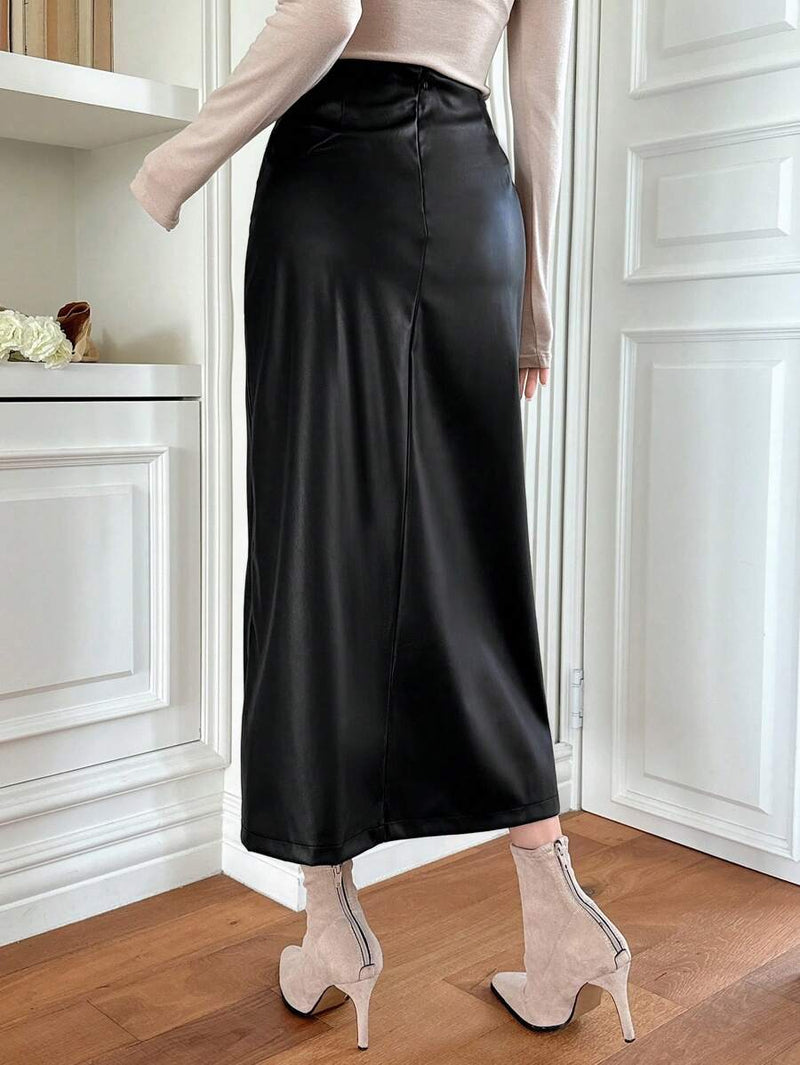 DAZY Saia Casual Assimétrica de Cor Sólida para Mulheres, Saia Lápis de Couro Bellizzi 