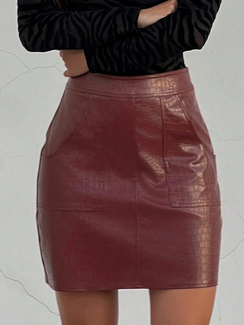 DAZY Saia de Couro PU de Cintura Alta Sólida Feminina, Fashionável para o Outono Bellizzi 