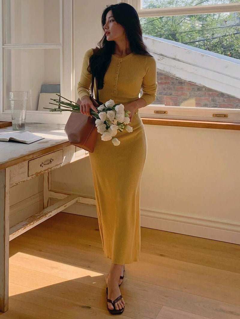 DAZY Vestido de Tricô Midi com Zíper Parcial e Ajuste Slim Fit, Roupas Femininas de Outono Bellizzi 