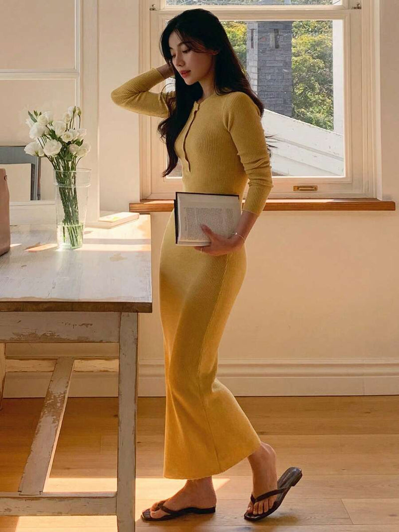 DAZY Vestido de Tricô Midi com Zíper Parcial e Ajuste Slim Fit, Roupas Femininas de Outono Bellizzi 