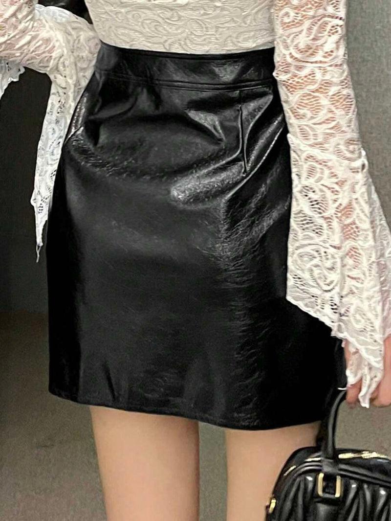 DAZY Saia de Couro PU de Cintura Alta Sólida Feminina, Fashionável para o Outono Bellizzi 