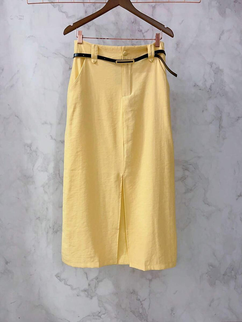 Saia Midi Feminina com Cinto e Fenda de Poliéster Casual
