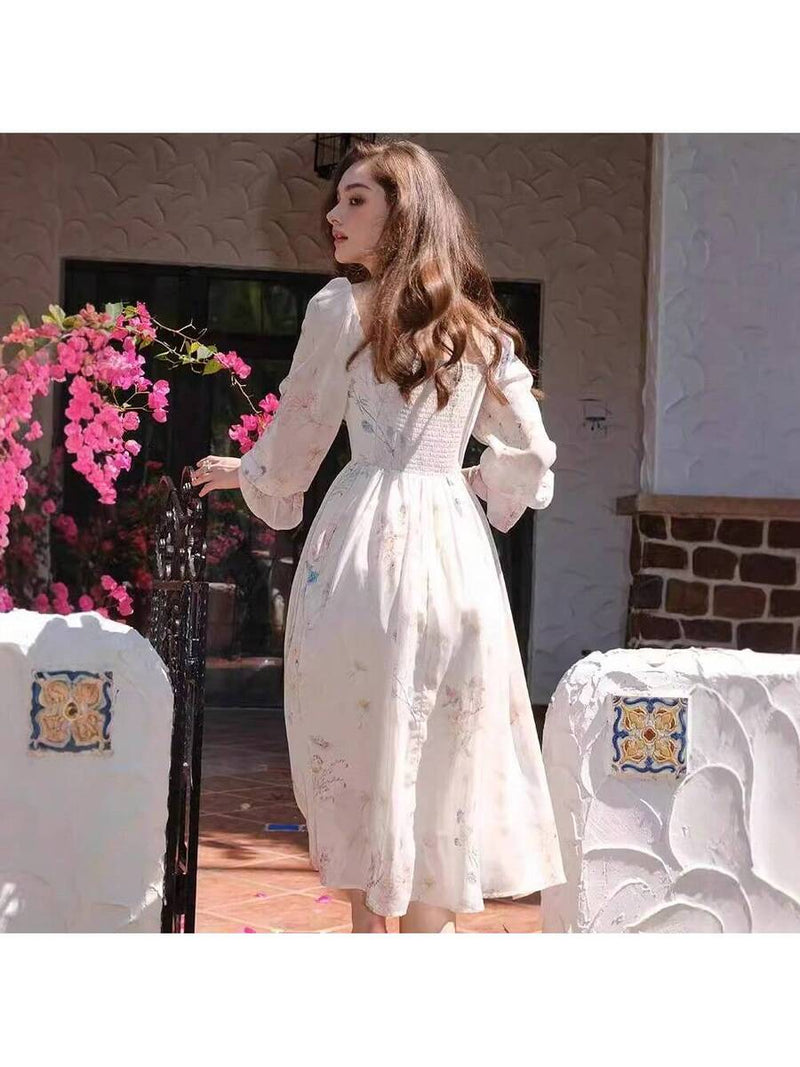 Vestido de gola quadrada com estampa floral, bainha com babados elegantes, vestidos franceses de manga longa Bellizzi 